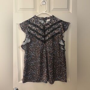 Halston Ruffle Sleeve Lace Trim Floral Blouse, Size S